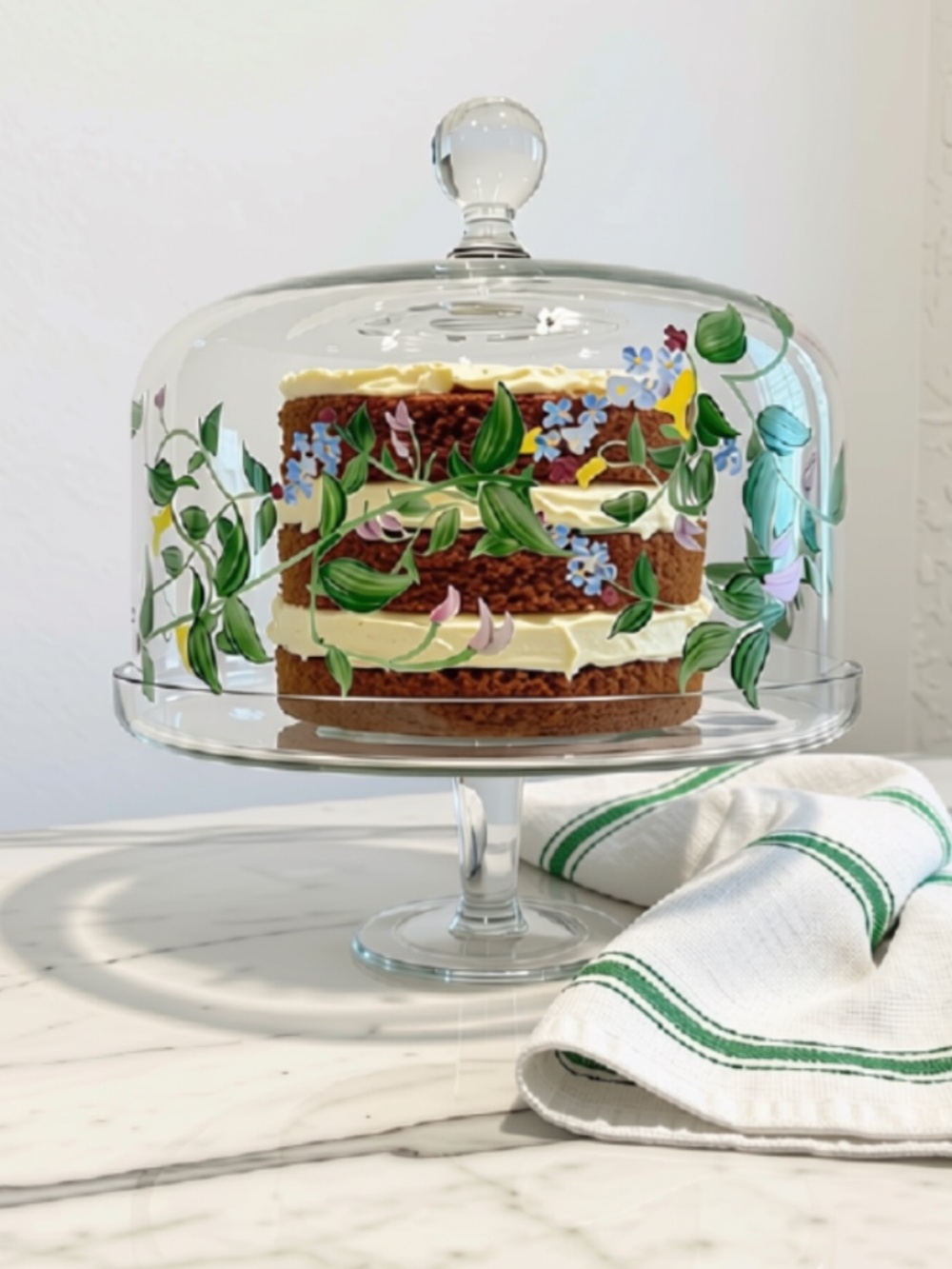 Hand-Painted Floral Glass Cake Stand with Dome